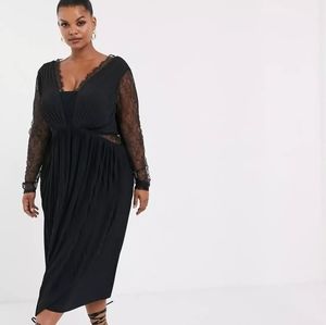 Curve lace and pleat long sleeve midi dress